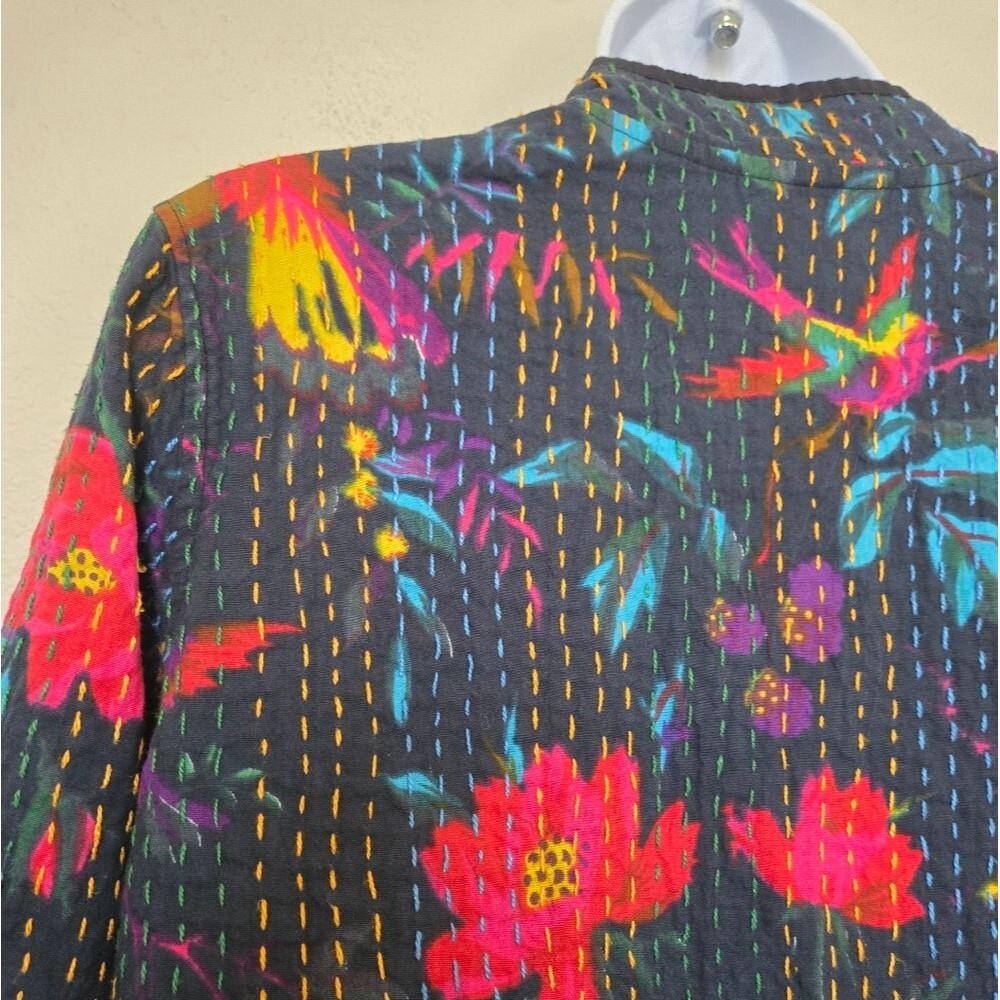 Bohemian Floral Birds Cotton Black Long Jacket Size Small - Picture 11 of 14